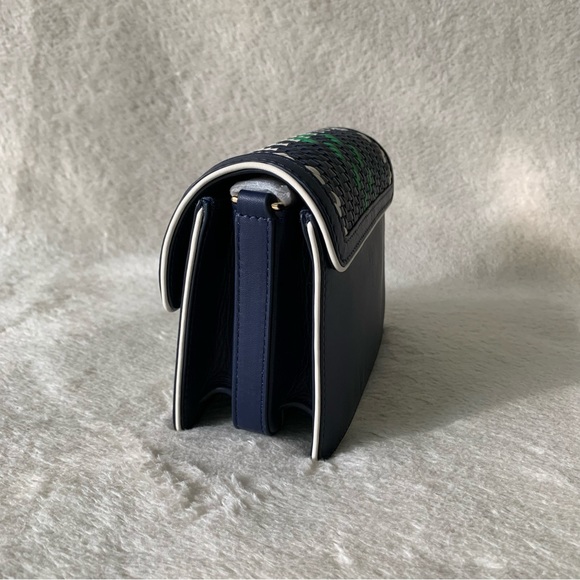 NWT Tory Burch Duet Chain Woven Convertible Navy Green mini Shoulder Bag - Picture 6 of 11